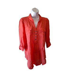 New Directions Tunic Blouse M Coral Roll Tab Sleeve Textured Button Up Boho